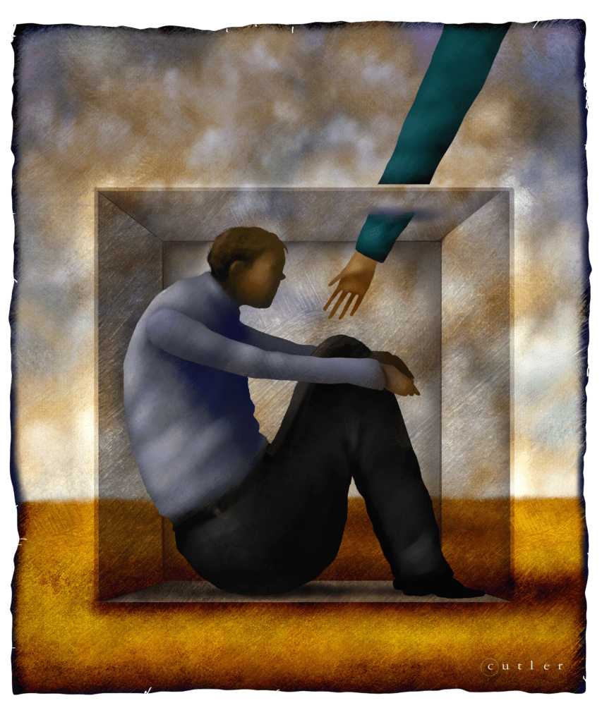 Artwork of a hand reaching inside of a box to help a human