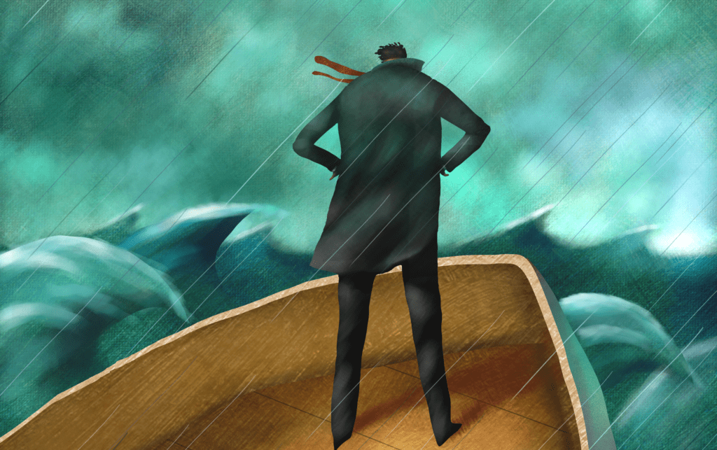 Artwork of person standing on a ship facing a storm